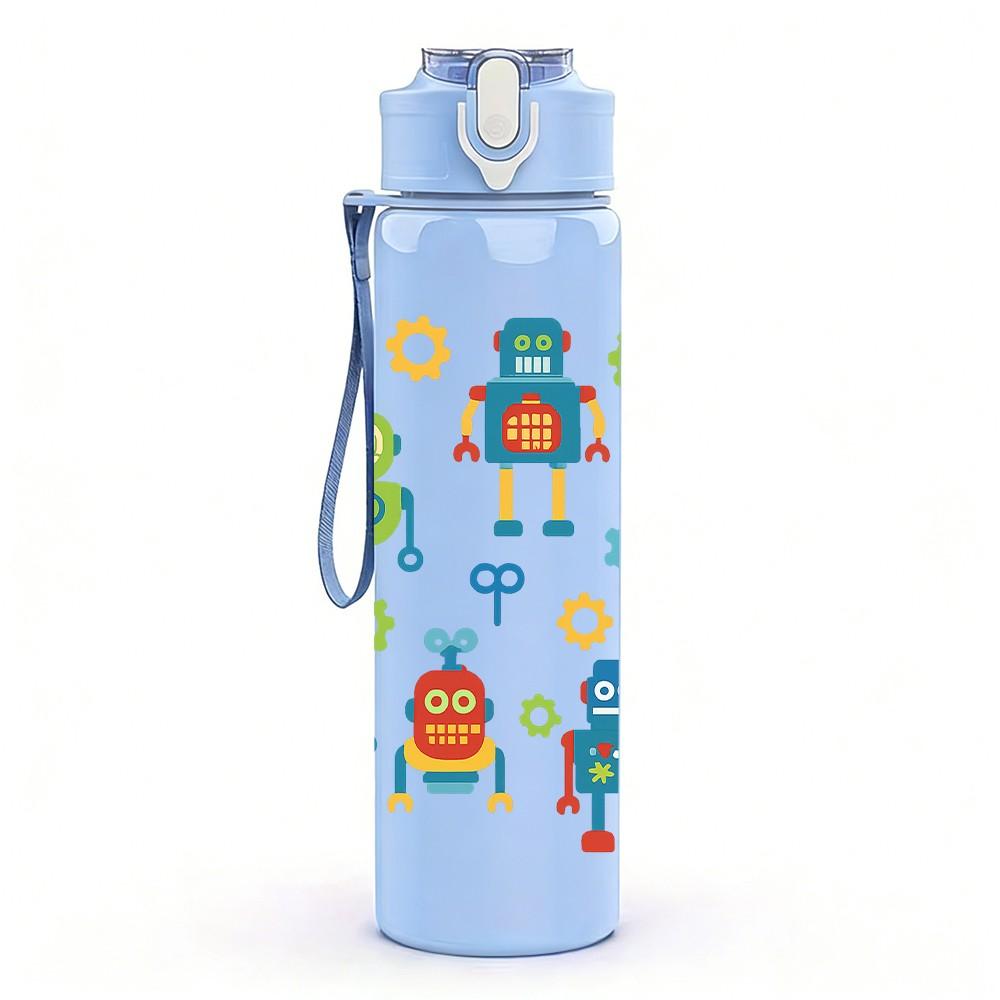 1PC Colorful Robot Repeat Pattern 750ml Color Plastic Sports Water Bottle Leakproof Flip Straw Lid Suitable for Sports Office Home Use