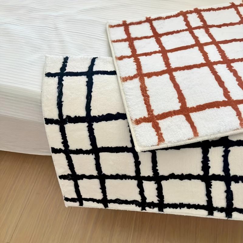 Irregular Plush Grid Runner Rug Non Slip Soft Long Bedside Floor Mat Minimalist Black White Bedroom Home Decor Carpet