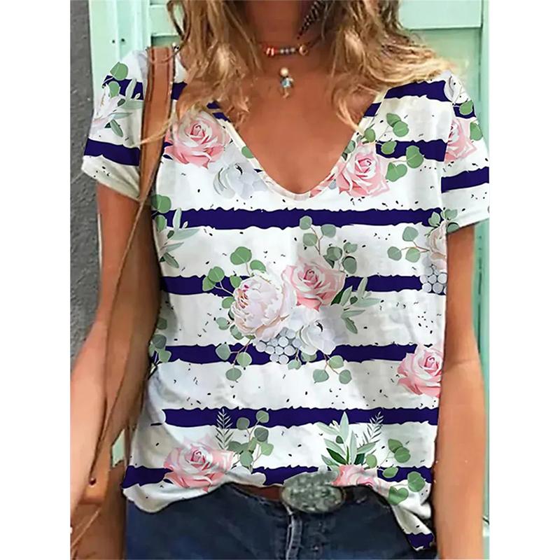New Flower Floral 3D Print T-shirt Women V-Neck Short Sleeve Tees Y2k Tops Streetwear Harajuku Oversized T Shirts Woman Clothing