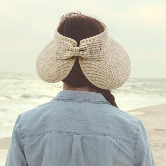 Outdoor Ladies Hat Empty Top Foldable Large Brim Bow Decor Sun Protection Anti-UV Beach Straw Cap Gardening Fishing Travel Hat