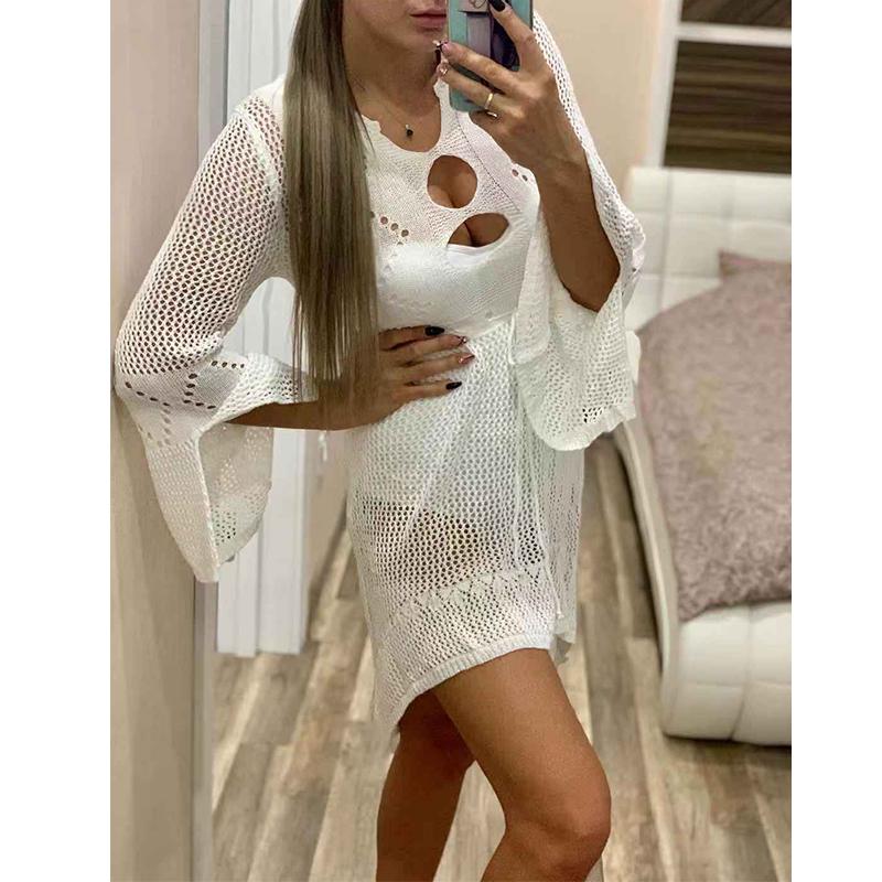 2020 Sexy Hollow Out Pletené Přední Krátká Zadní Dlouhé Letní Plážové Šaty Dámské Plážové Oblečení Háčkovaná Tunika
