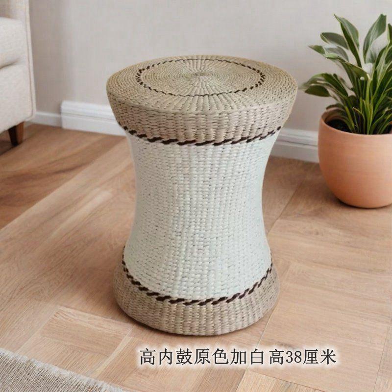 Round Rattan Ottoman Seat Cushion Handmade, Tatami Footstool, Tea Table Stool for Living Room, Low Height Chair
