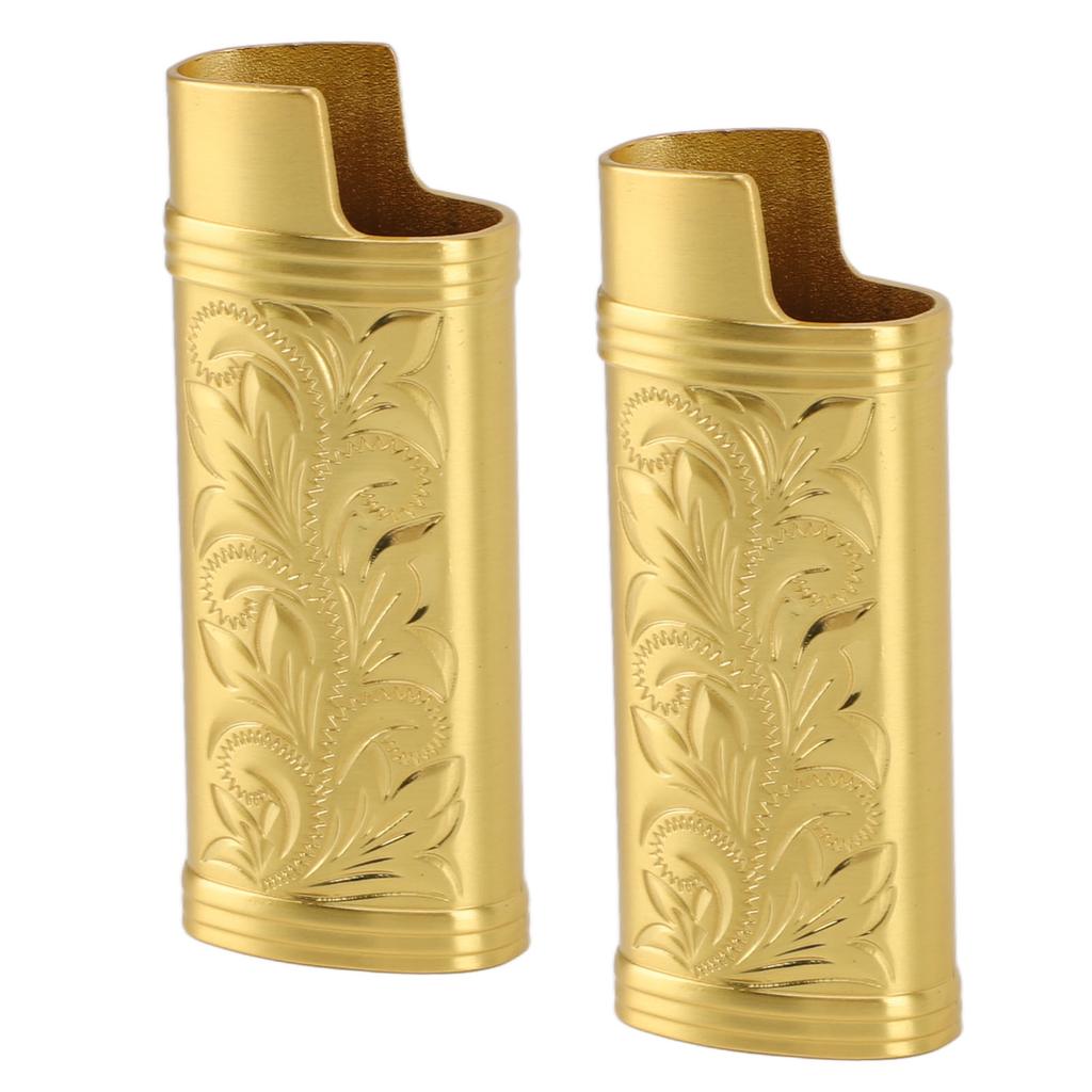 2pcs Retro Lighter Case Compact 3D Floral Stamped Engraving Zinc Alloy Protective Case Cover Gold