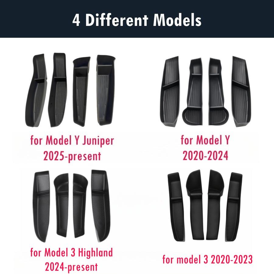 4PCS TPE Side Door Box Trays For Tesla Moldel Y Juniper Model 3 Highland Model Y/3 Door Storage Organizer Front Rear Door Trays