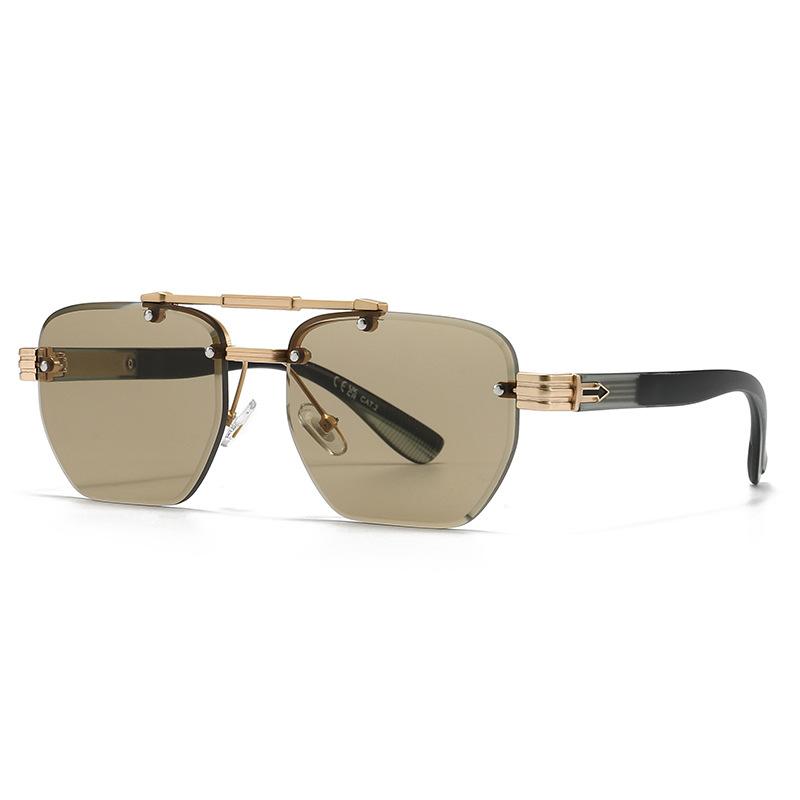 Double-beam frameless square sunglasses, retro metal trimmed sunglasses, unisex driving sunshades.