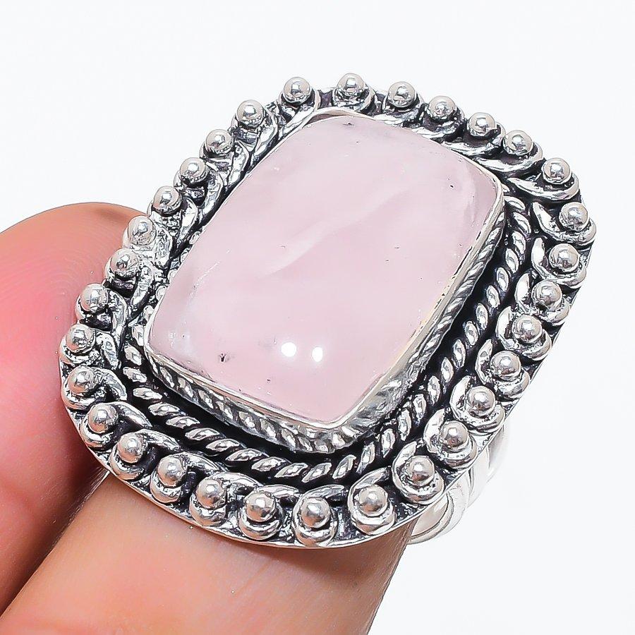 Natural Rose Quartz Gemstone 925 Sterling Silver Jewelry Ring Size 8 Z6u68