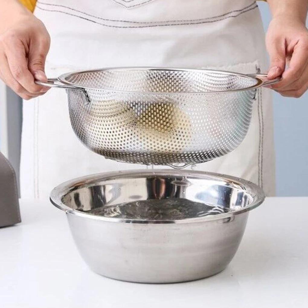 Stainless Steel Drain Basket Colander Fruit Rice Vegetable Washing Basket Strainer Drainer with Handle Kitchen Storage Tools