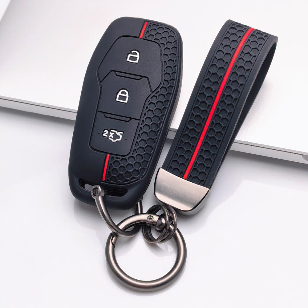Silicone Key Cover with keychain for Ford 3 Button Smart Key, Fits Ford Focus Mondeo Kuga Escape MK4 Mustang Against Non-Slip Honeycomb Grip чёрный