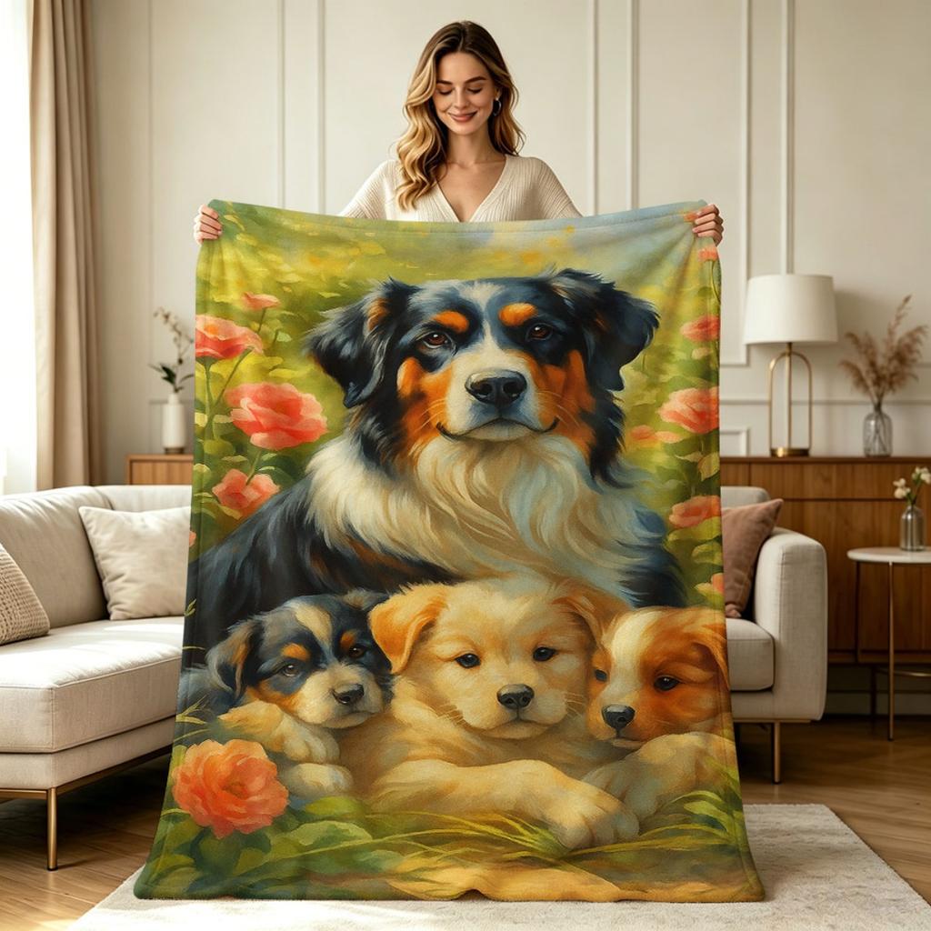 Soft Flannel Blanket with Dog and Puppy Floral Garden Print All Season Warm Throw Blanket for Couch Sofa Bedroom Living Room Office Home Decor