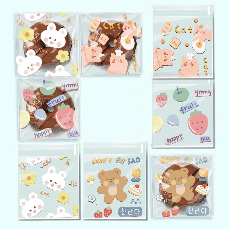 50/100 Pcs Cartoon Pattern Plastic Self-Adhesive Candy Bags Cookie Donut Bread Pastry Bag Food Packaging Resealable Gift Bag