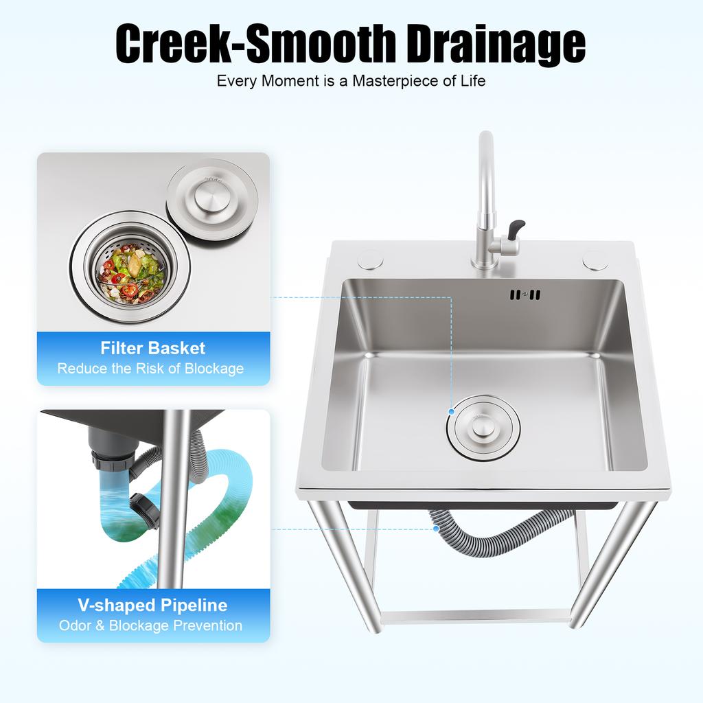 17.7 * 16 * 29.5in Stainless-Steel Kitchen Sink, Free Standing Utility Sink with Faucet, Indoor Outdoor Laundry Sink