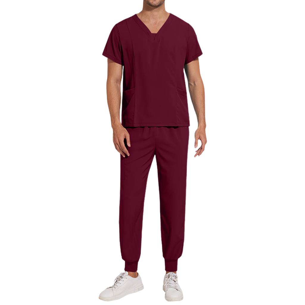 Men's Loose And Comfortable V-neck Short Sleeved Workwear Multi Pocket Beauty Suit Set