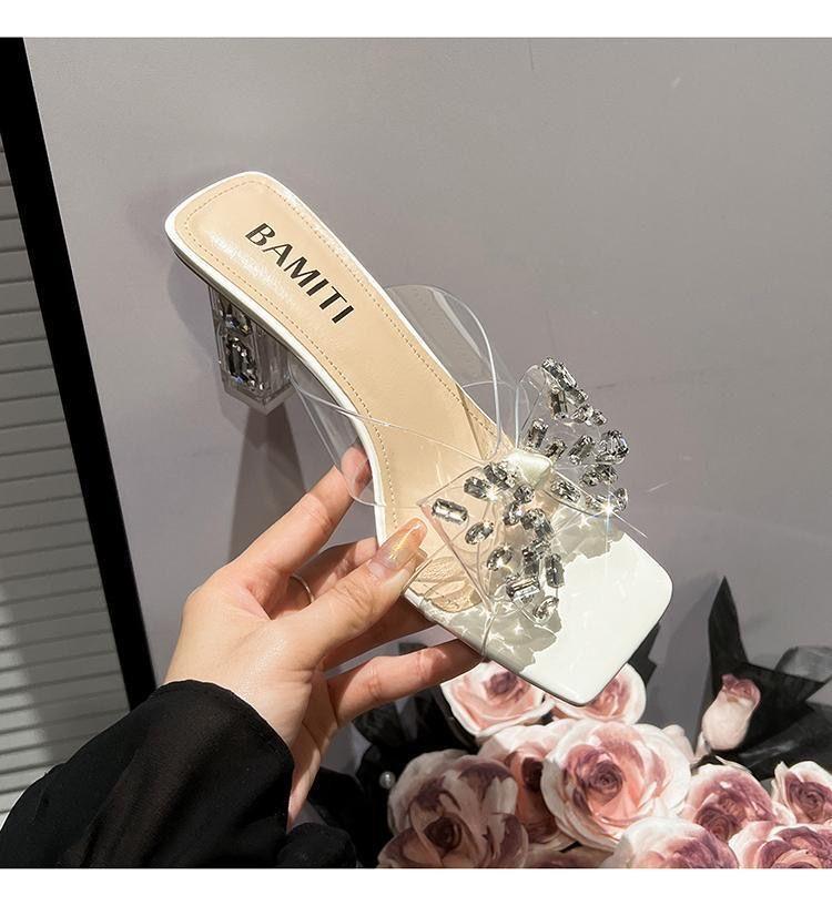 

Прозрачные шлепанцы со стразами женские лето 2025 новая мода толстый каблук высокий каблук уличная обувь квадратный носок крутые шлепанцы 40 бежевый