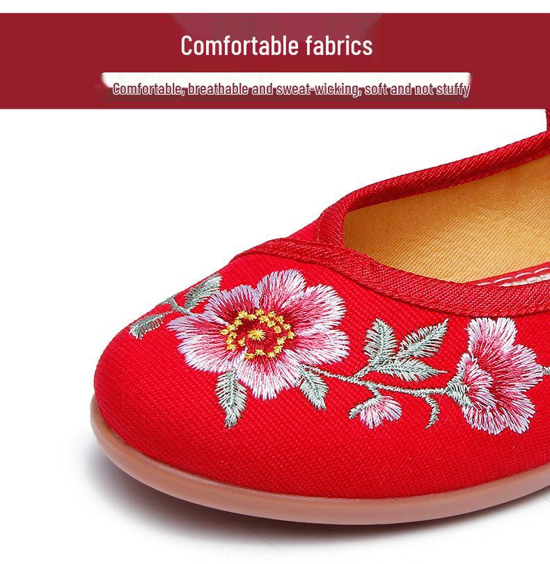 Old Beijing Women's Embroidered Cloth Shoes, Non-Slip Flat Hanfu Style with Beef Tendon Sole