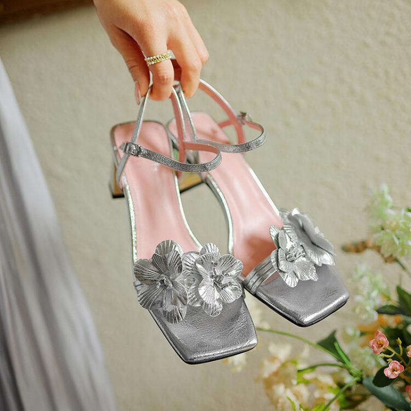 

New fashion leather one-word sandals women s summer women s high-heeled sandals beef tendon sole large size non-slip middle heel comfortable 40 серебряный