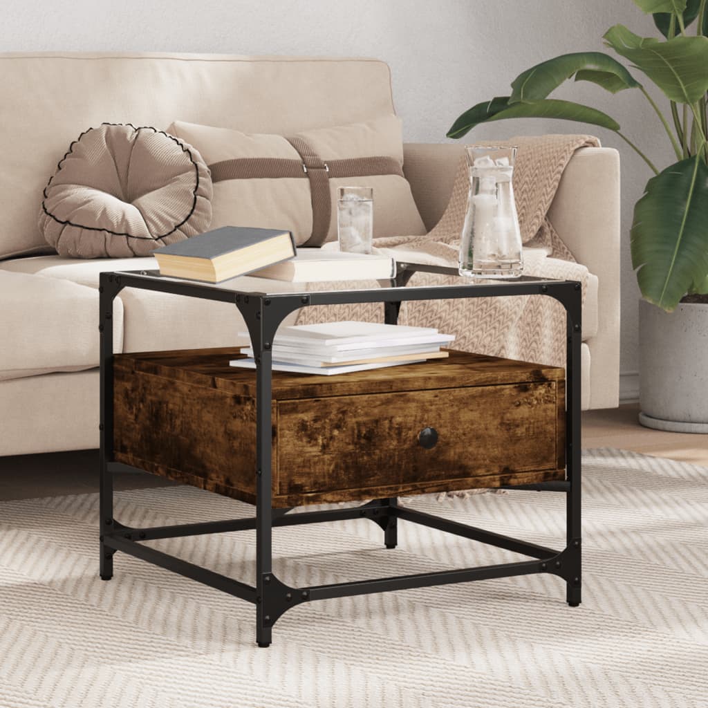 Tavolino con Piano in Vetro Finitura Rovere Affumicato 50x50x45 cm Acciaio