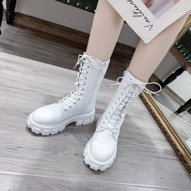 

Осенние и зимние новые ботинки среднего размера, модные ботинки на молнии на шнуровке, Botas Mujer, спортивные ботинки martin на толстой подошве, повседневная женская обувь 39 белый