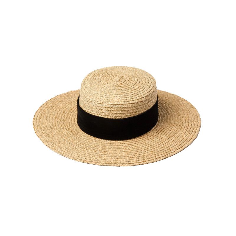 European and American spring and summer new velvet decorative with wide brim flat top Lafite straw hat outdoor sunscreen sunshade beach straw hat