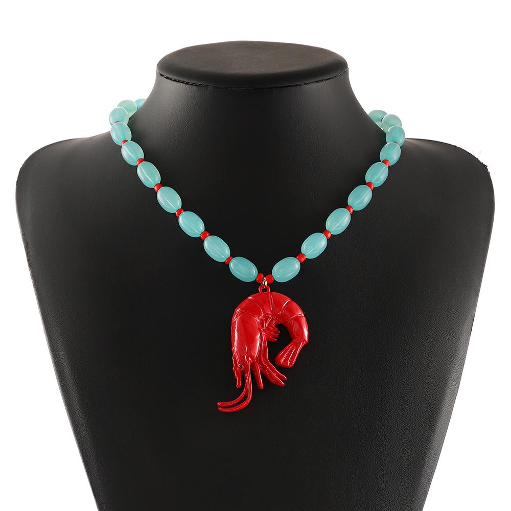 Bohemian Mint Green Beaded Red Lobster Pendant Necklace for Women