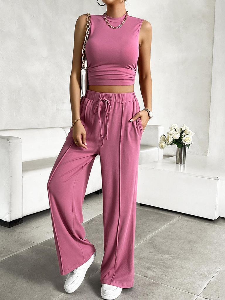 2026 Women's Knit Casual Two-Piece Set: Short Tank Top & Wide-Leg Sports Pants