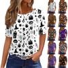 Women's Casual Short Sleeve Pullover Top Halloween Pumpkin Print Round Neck Relaxed Fit Blouse for Everyday Wear