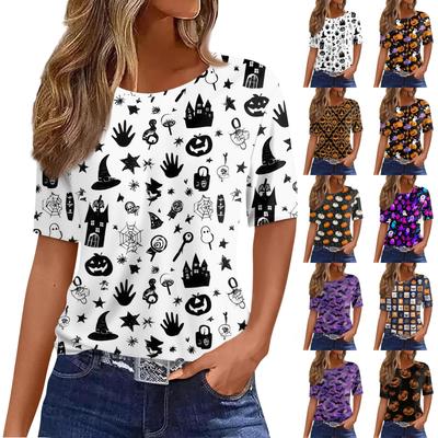 Women's Casual Short Sleeve Pullover Top Halloween Pumpkin Print Round Neck Relaxed Fit Blouse for Everyday Wear