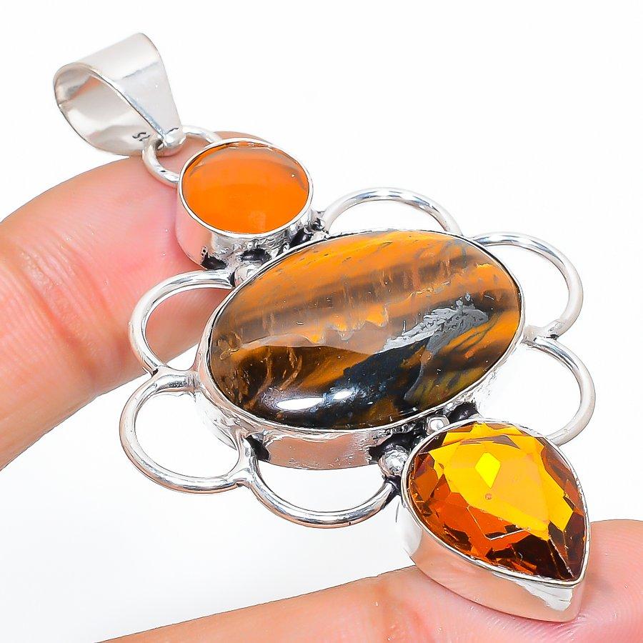 Tiger Eye, Citrine Gemstone 925 Sterling Silver Jewelry Pendant 2.56" SU-7141