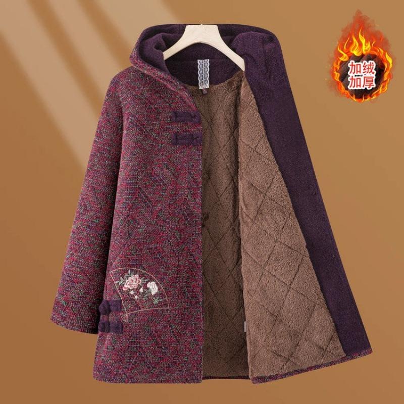 Mom's winter clothes, piled and thickened hooded jackets, elderly women's autumn and winter long temperament coats, cotton clothes