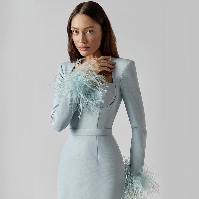 Neues Feder Langarm Europäische und Amerikanische Mode Bandage Abendkleid