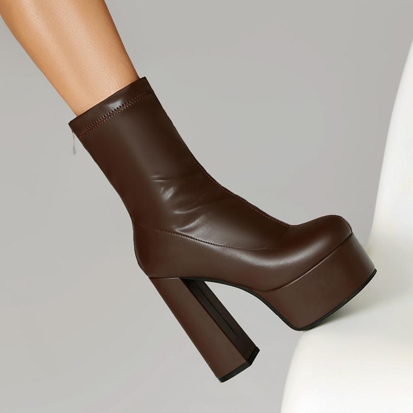 Nadměrná velikost Kulatá špička Super vysoký Silný podpatek Vysoká platforma Zadní zip Módní Dámské kozačky Prodyšný Vnitřní Elastické kozačky