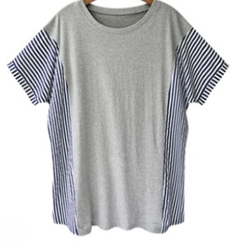 Summer Casual Pinstripe Striped Patchwork T-Shirt Round Necked T-Shirt Classic-Fit Short Sleeve T-Shirt for Female Women's Commuter Fashion T-Shirt