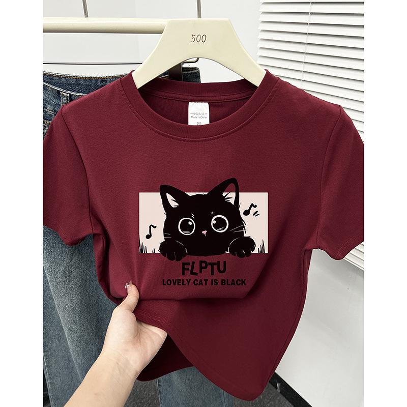

Women s Burgundy Kitten Print Slimming Short-Sleeve T-Shirt - 2024 Summer Fashion 2XL