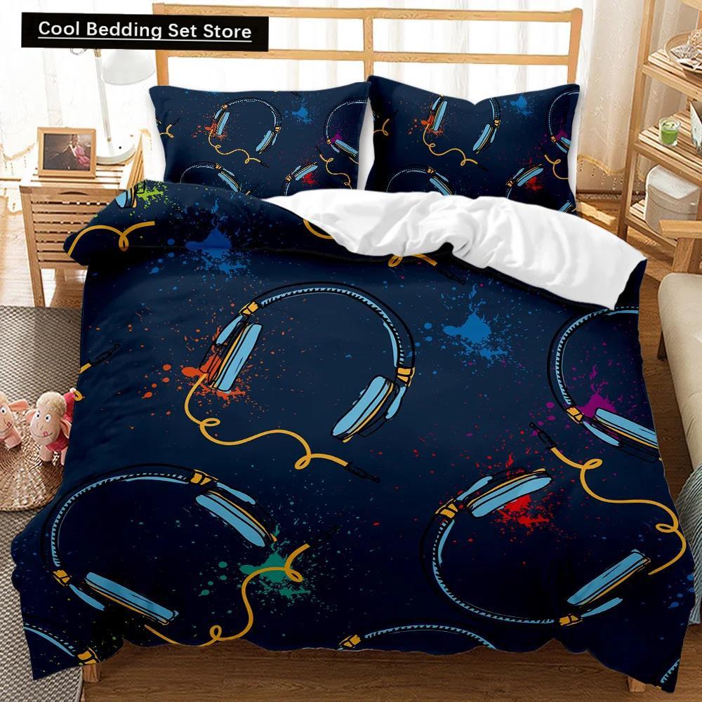 Set de lenjerie de pat cu husă de pilotă pentru căști, muzică rock, melodie, notă, alb rece, căști pentru băieți, dublă, dimensiunea Queen, King, din poliester, husă de pilotă