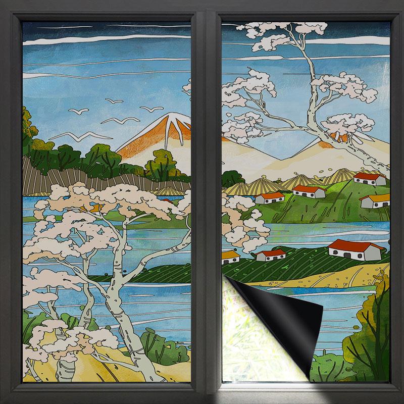 Japanese Style Privacy Window Film Static Cling Stained Ukiyo-e Cherry Blossom Glass Film Toilet Bathroom Window Stickers