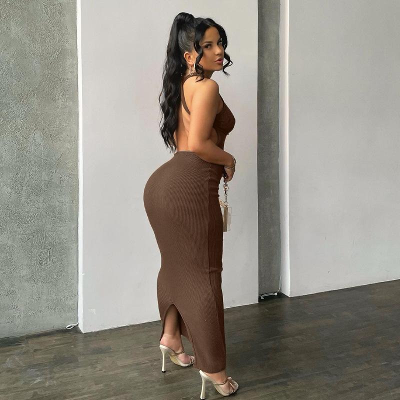 Women European Sexy Backless Halter Neck Sleeveless Slim Fit Long Bodycon Dress