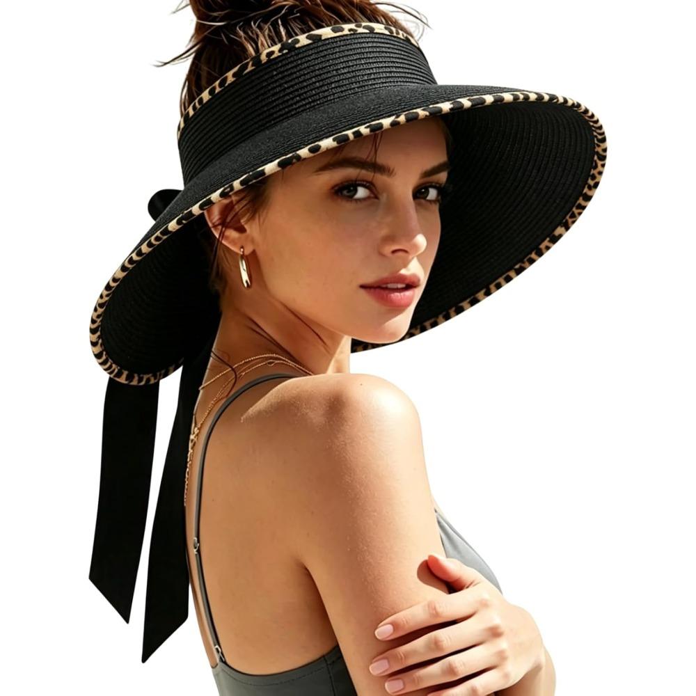 Women s Sun Visor Hats Wide Brim Beach Hat Straw Ponytail Visor Packable Foldable UPF 50+ Floppy Travel Hats