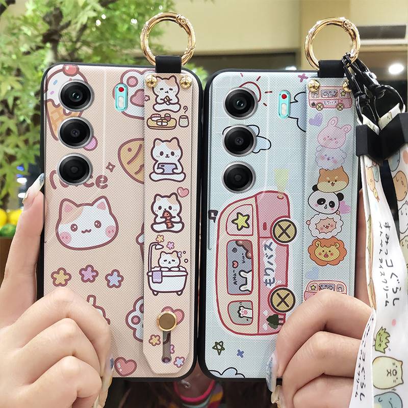 Ring Shockproof Phone Case For Tecno Camon40 4G/CM5 Silicone Back Cover Wrist Strap Lanyard Cartoon Anti-dust Kickstand