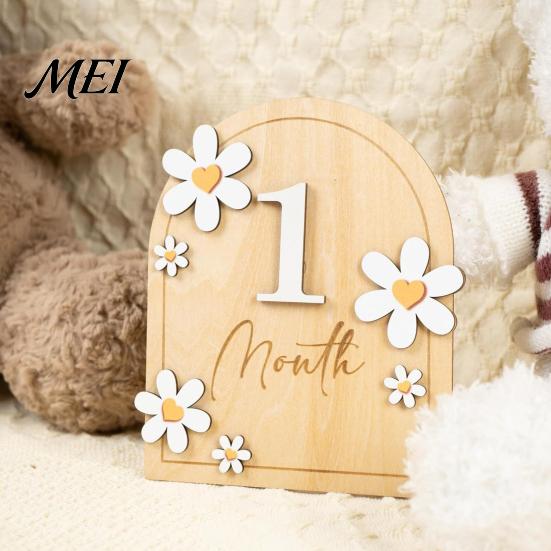 Baby Growth Record Decoration Monthly Milestone Ornaments, Wooden Markers with 3D Bow And Flower Newborn Gift Decoration, Cards for Photos Keepsake