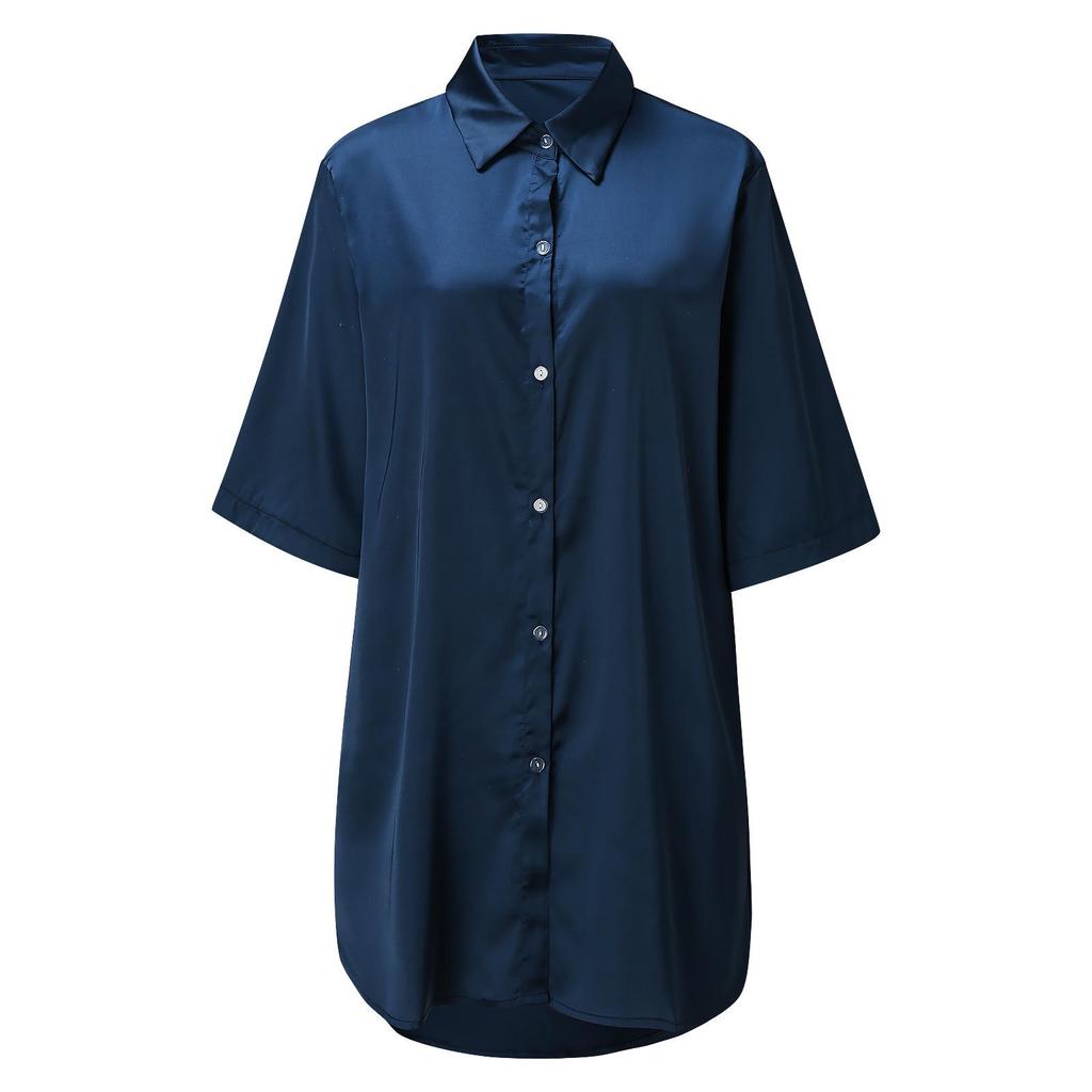 European & American Women's Silky Shirt: Solid Color, Sexy, Smooth Pajamas, and Comfortable Home or Outerwear.