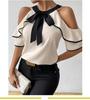 Women's Fashion Double Layer Short Sleeve Shirt Bowknot Collar Pullover Top