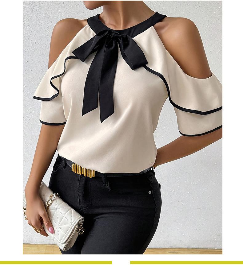 Women's Fashion Double Layer Short Sleeve Shirt Bowknot Collar Pullover Top