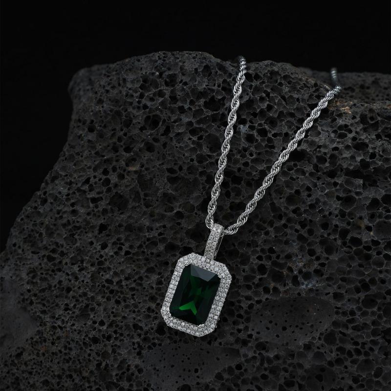 

Blue Emerald Cut Iced Out Pendant Necklace For Men/Women Gold Plated Stainless Steel Hip Hop Jewelry