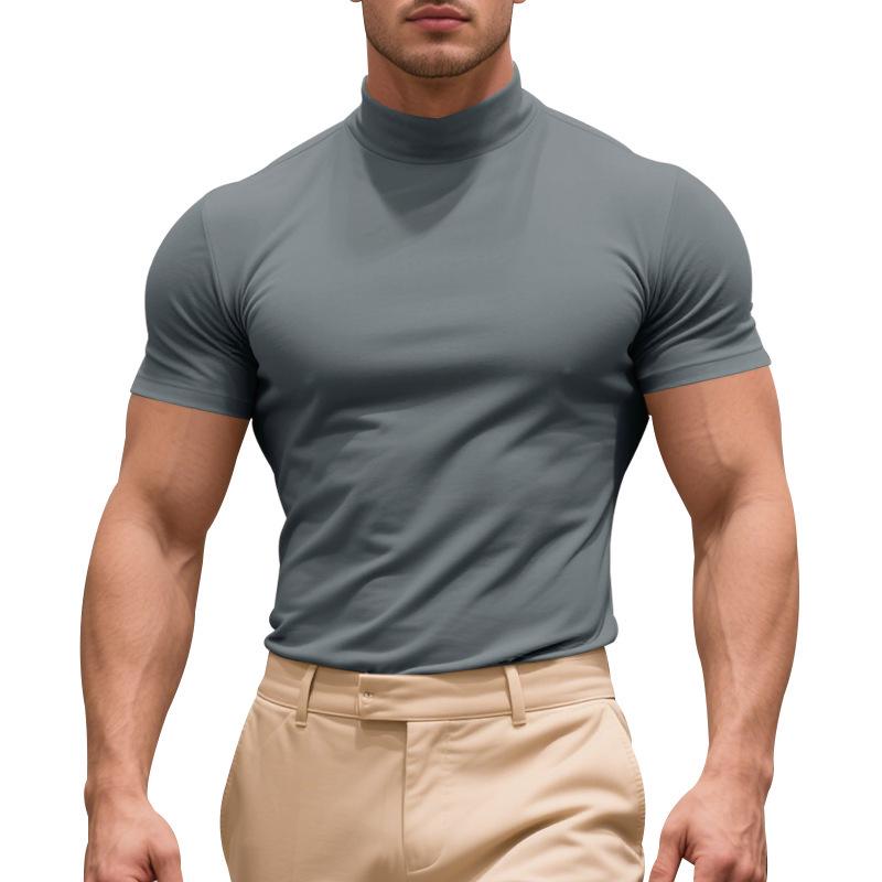 Summer New Men's Casual Semi-High Neck Slim Solid Color T-shirt - European & American Fashion.