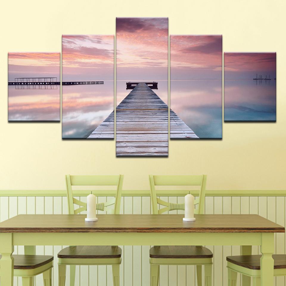 The pink sky and wood bridge 5 Panels Wall Art modern Modular Poster art Canvas painting for Living Room Home Decor