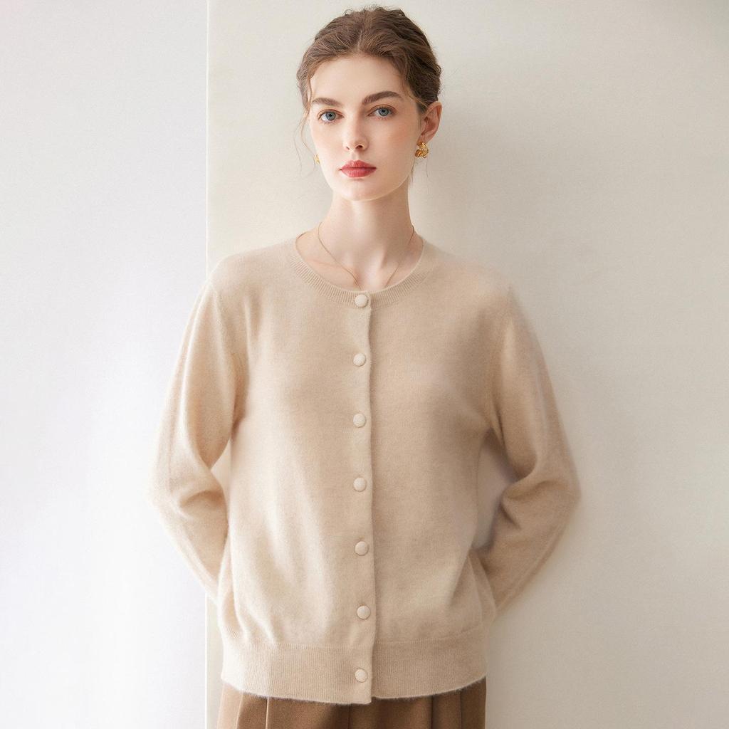 Women's Pure Cashmere Button-Up Round Neck Cardigan Sweater - Autumn/Winter Collection