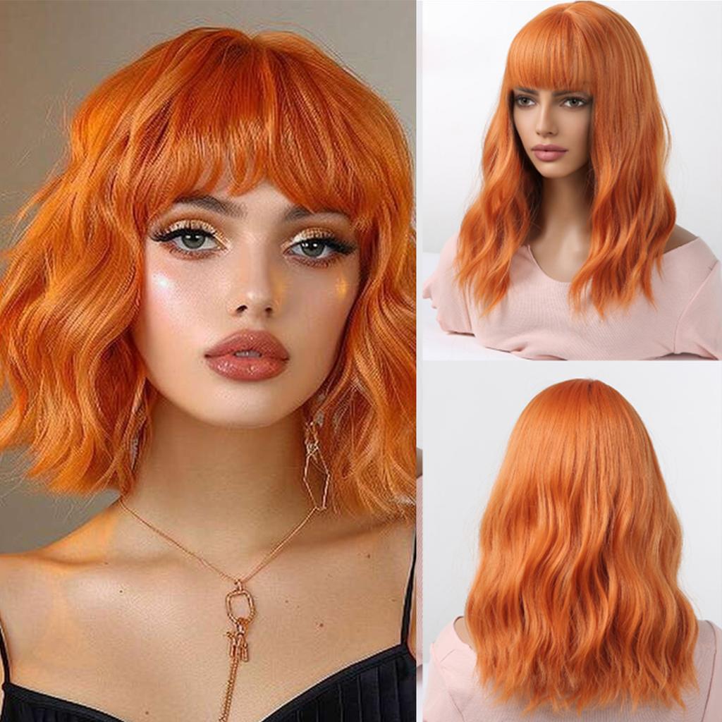 Short Wavy Wine Red Synthetic Wigs for Women Curly Lolita Wigs With Bangs Shoulder Length Wigs Natural Looking Daily Cosplay
