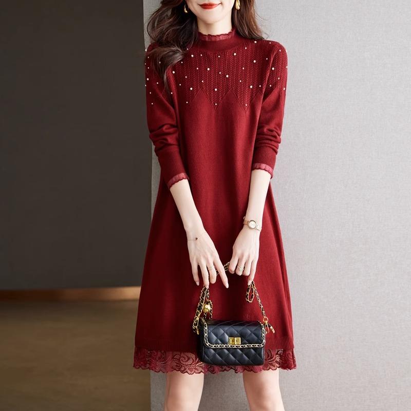 Lace Half Turtleneck Sweater Solid Color Loose Pullover for Women Casual Long-sleeved Knitted Dress for Autumn and Winter