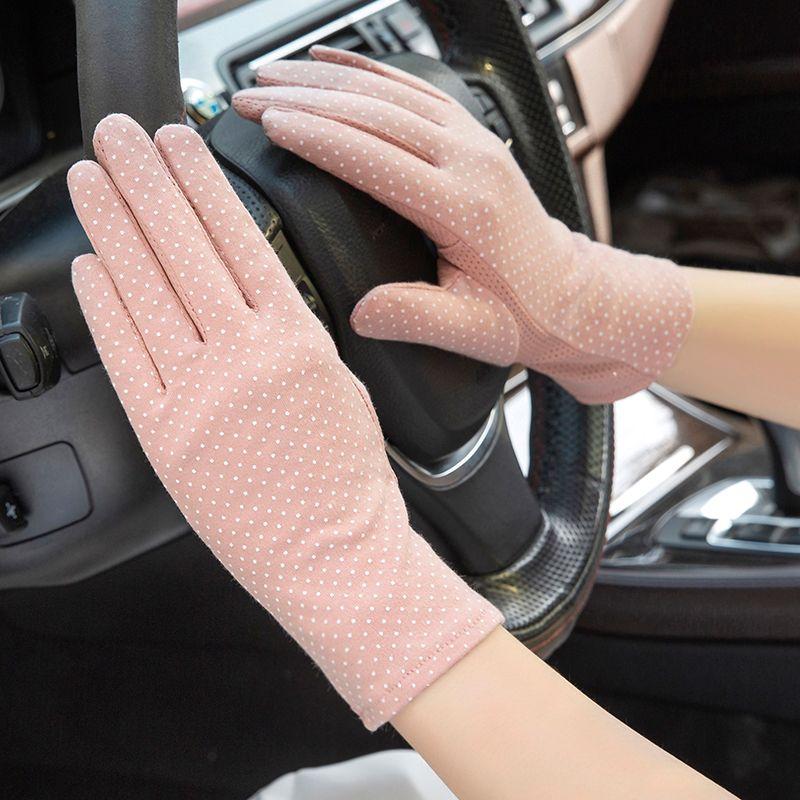 

Women s Gloves Thin Type Sunscreen Driving and Biking Non-Slip Pure Cotton Short Breathable Spring and Summer Touch Screen Sun Shade UV Protection Cotton polka dot light plate: Pink