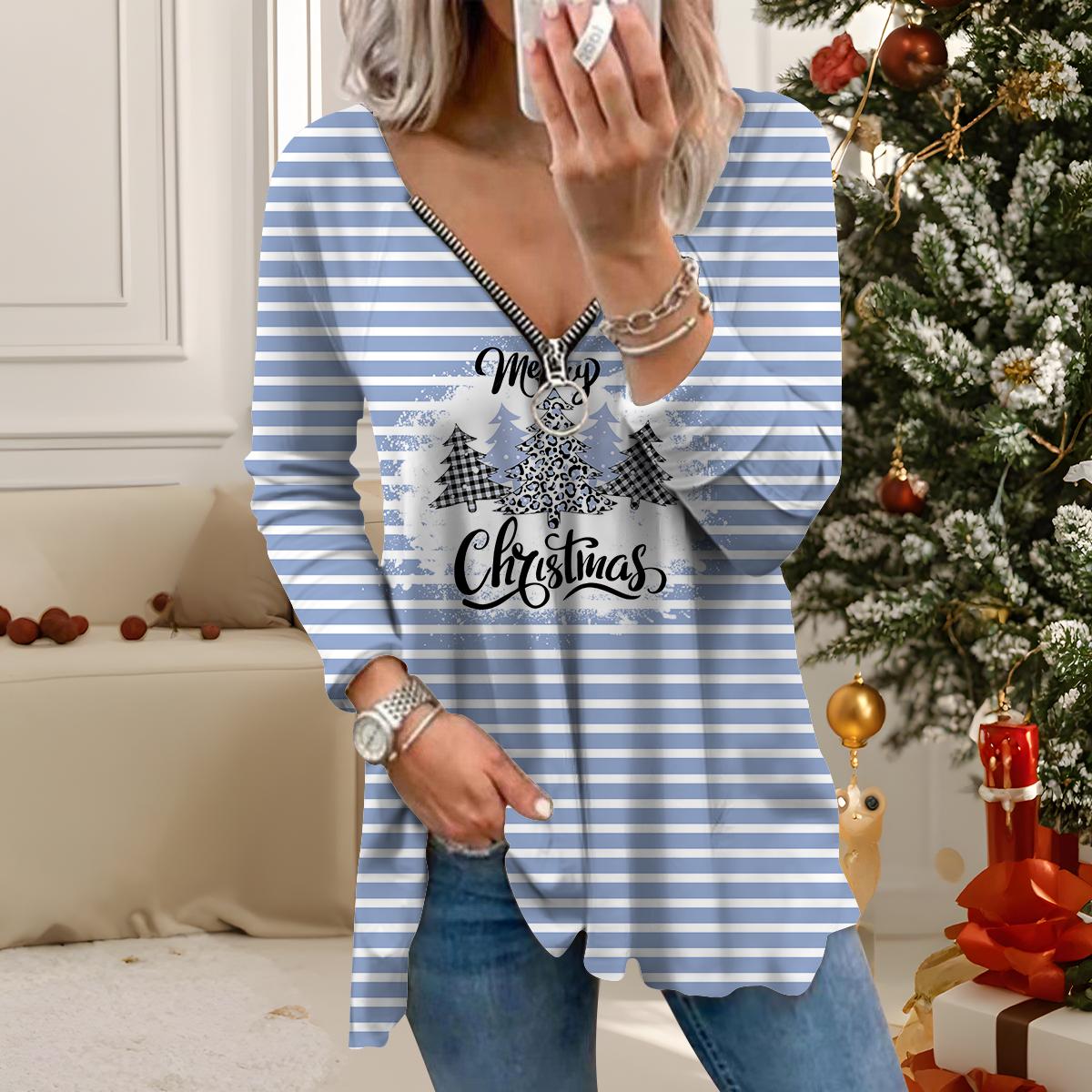 

Женские осенние рождественские футболки с длинным рукавом с принтом, свободные, с V-образным вырезом, больших размеров, топы, удобная блузка 8XL синий