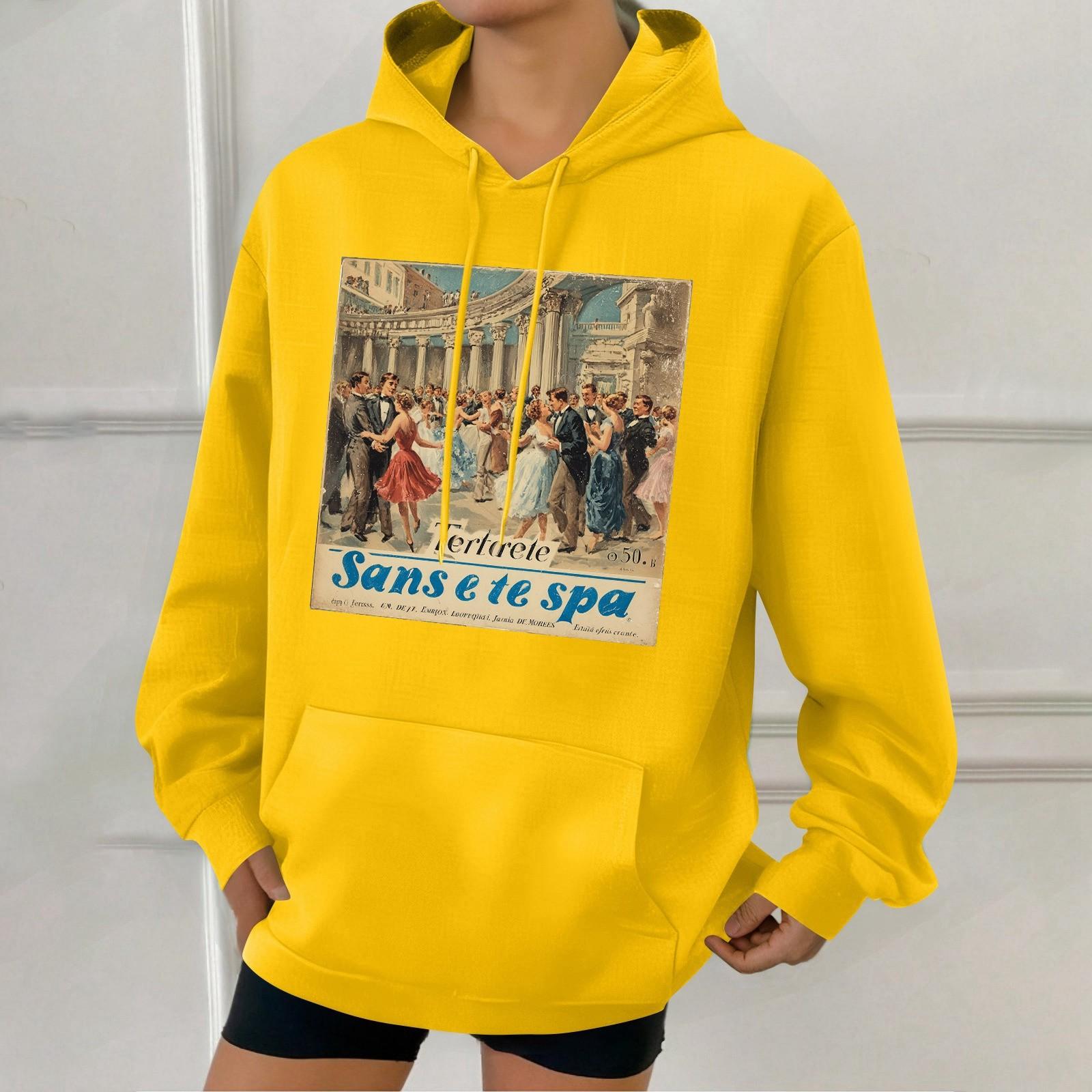 

Women s Fashion Retro Printed Casual Hooded Sweatshirt With Pockets S жовтий